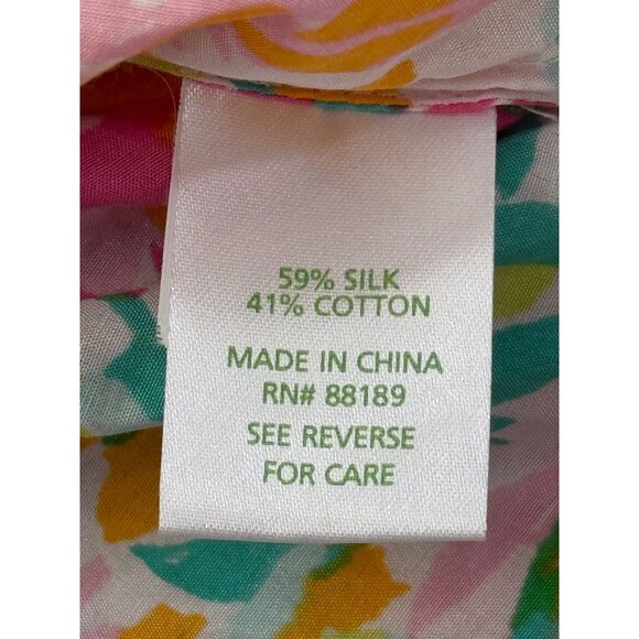 Lilly Pulitzer Silk Blouse Floral Ruffle Neck Short Sleeve Green Pink Top Size L - Picture 7 of 8